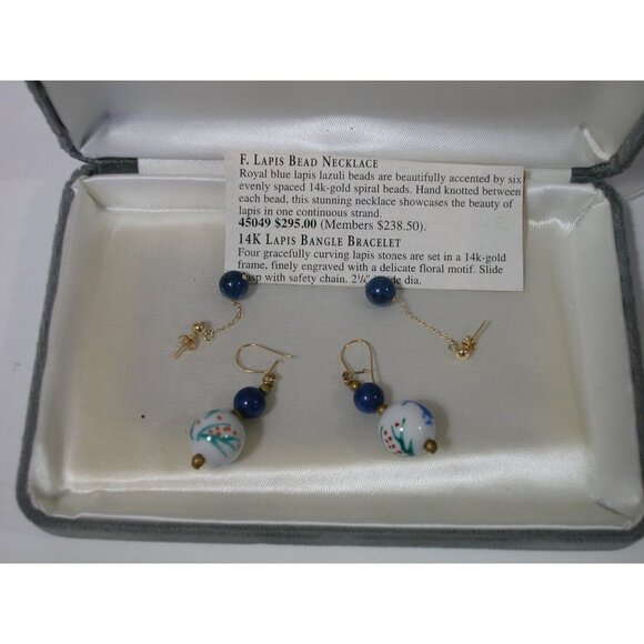 14K Gold Lapis Lazuli Necklace & 2 Pair Earrings Set With Hand-Painted Porcelain - Picture 4 of 7